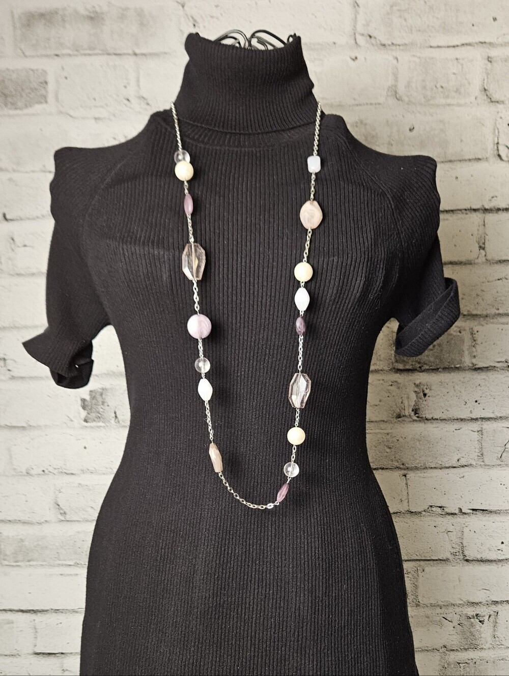 Pastel Beaded Long Necklace Silver Tone Pink Purple Statement Jewelry